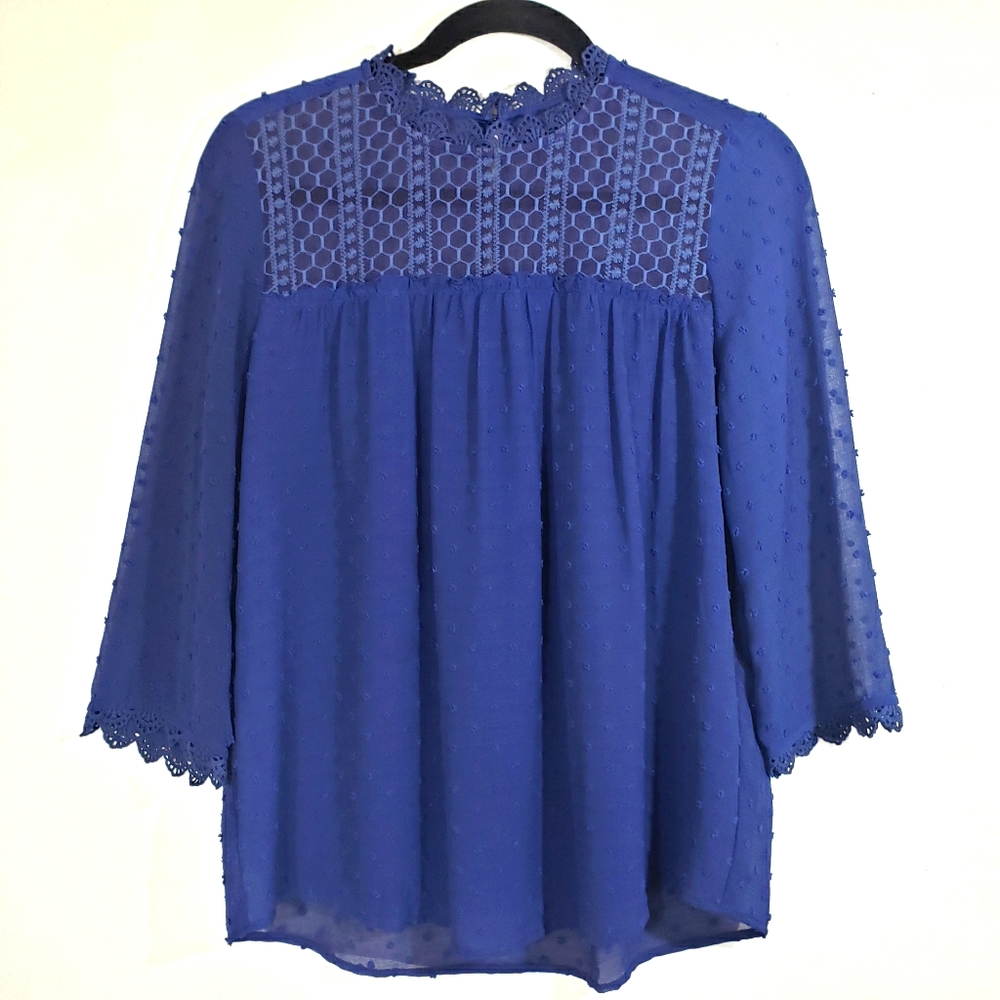 ADRIANNA PAPELL mock neck swiss dot sheer blouse